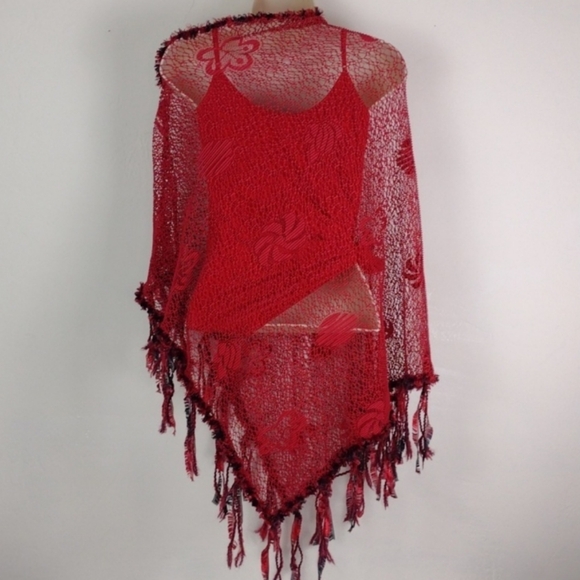 Not Your Mama's Pocncho Red Crocheted Killer Fring Super Cool Must Have Poncho! - Picture 2 of 10